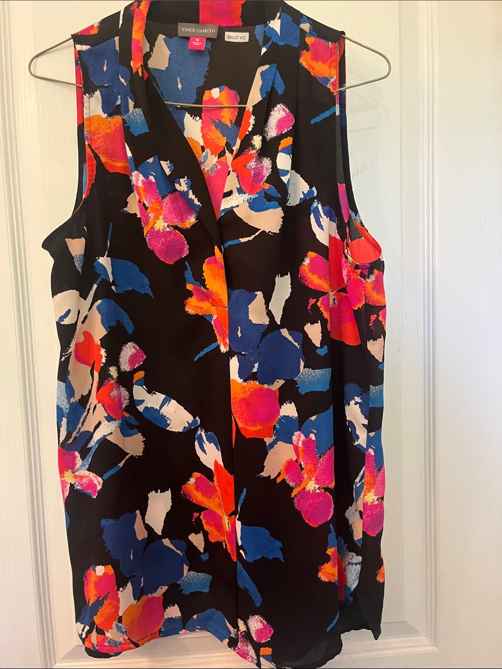 Vince Camuto Black Sleeveless Abstract Floral Top with Pink, Blue and Orange